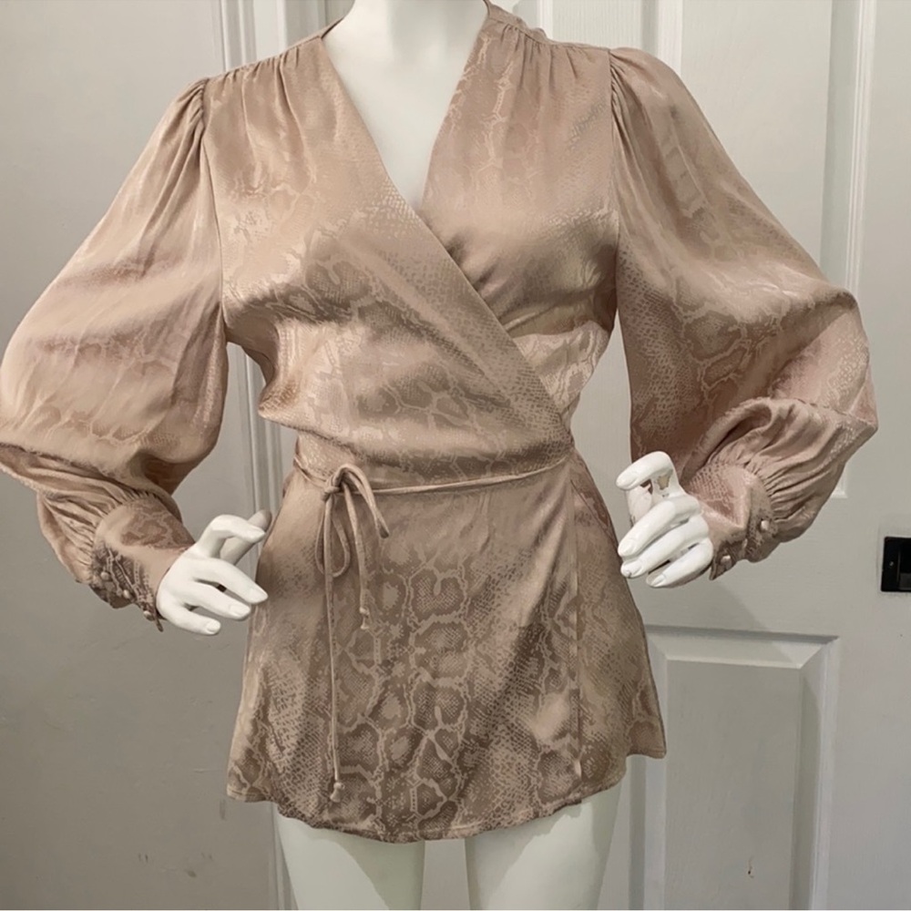 ALEX MARIE Silky Champagne Wrap Tie Long Sleeve Blouse Top Snake Leopard Print